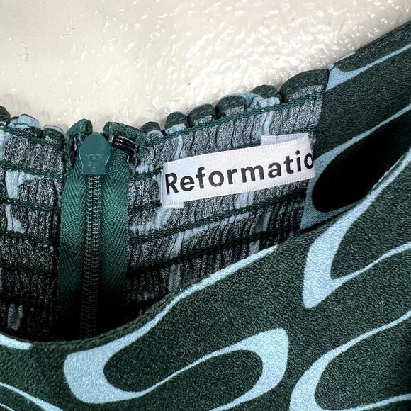 Reformation Hilda Midi Dress Venture Print Green Blue Retro Square Neck US 4 - Picture 2 of 9